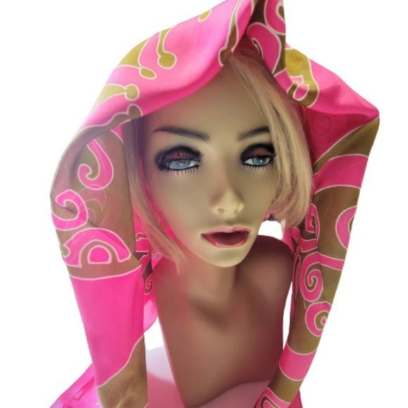 Pink Colored Square Silk Scarf with olive green Print Handpainted Fuji Silk- NEW - Picture 3 of 8